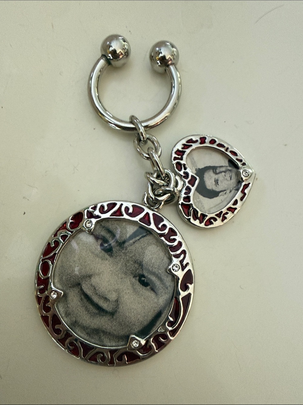 NWOT silver tone and red enamel photo key chain